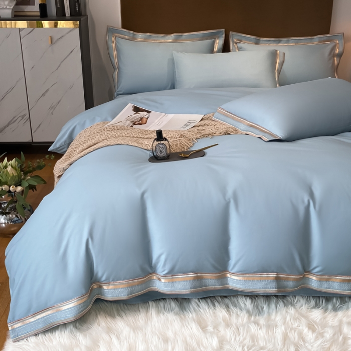 91家纺网 家纺一手货源 找家纺 安妮家居 2021新款全棉轻奢刺绣简约风四件套-米兰 摩卡蓝