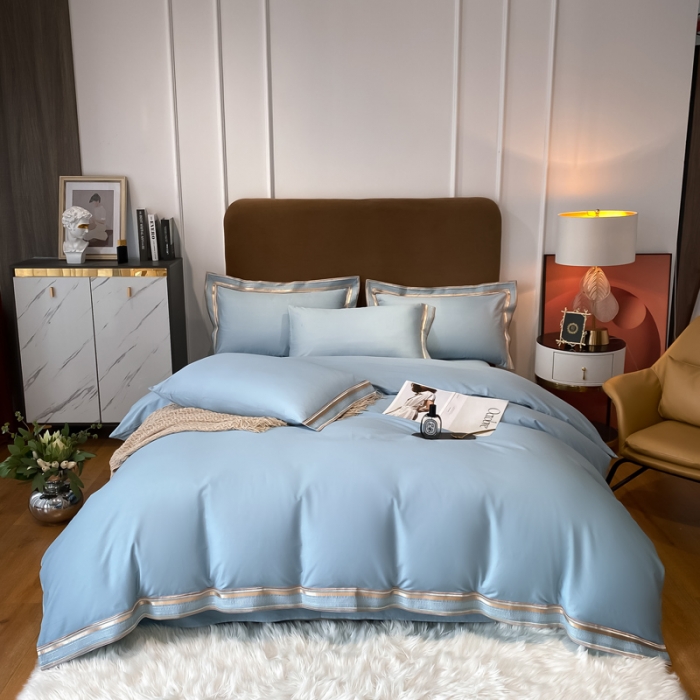 91家纺网 家纺一手货源 找家纺 安妮家居 2021新款全棉轻奢刺绣简约风四件套-米兰 摩卡蓝