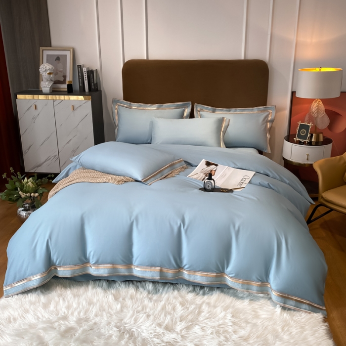 91家纺网 家纺一手货源 找家纺 安妮家居 2021新款全棉轻奢刺绣简约风四件套-米兰 摩卡蓝