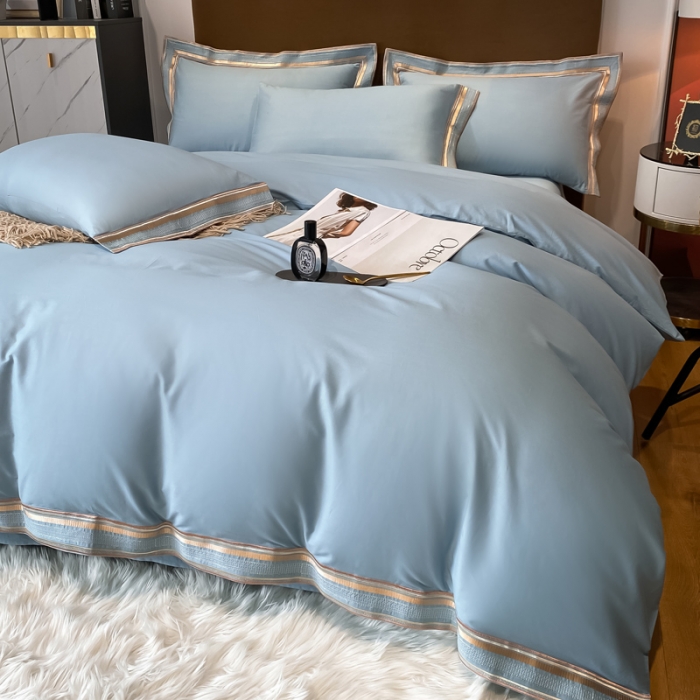 91家纺网 家纺一手货源 找家纺 安妮家居 2021新款全棉轻奢刺绣简约风四件套-米兰 摩卡蓝