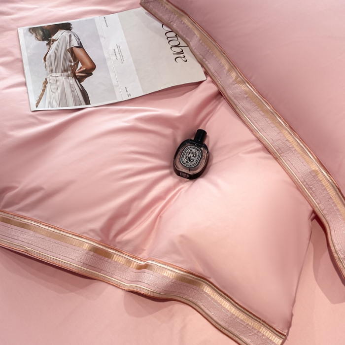 91家纺网 家纺一手货源 找家纺 安妮家居 2021新款全棉轻奢刺绣简约风四件套-米兰 柔蜜粉