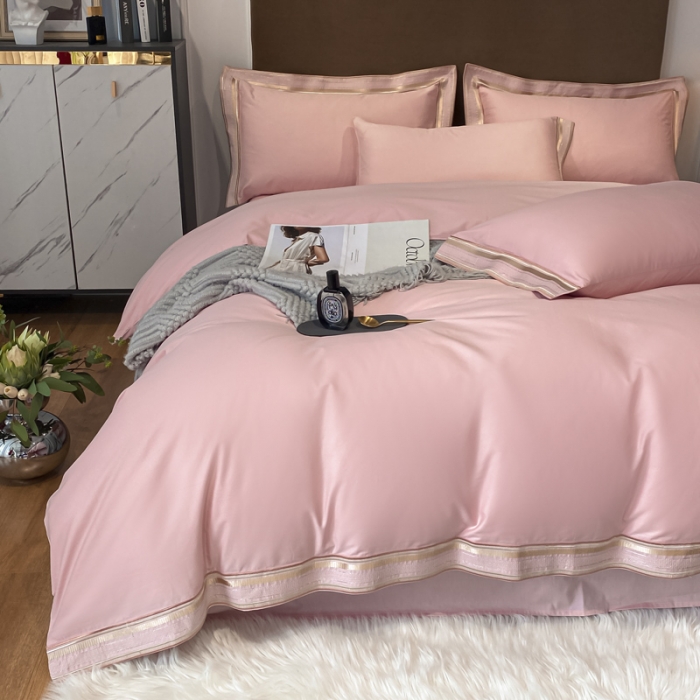 91家纺网 家纺一手货源 找家纺 安妮家居 2021新款全棉轻奢刺绣简约风四件套-米兰 柔蜜粉