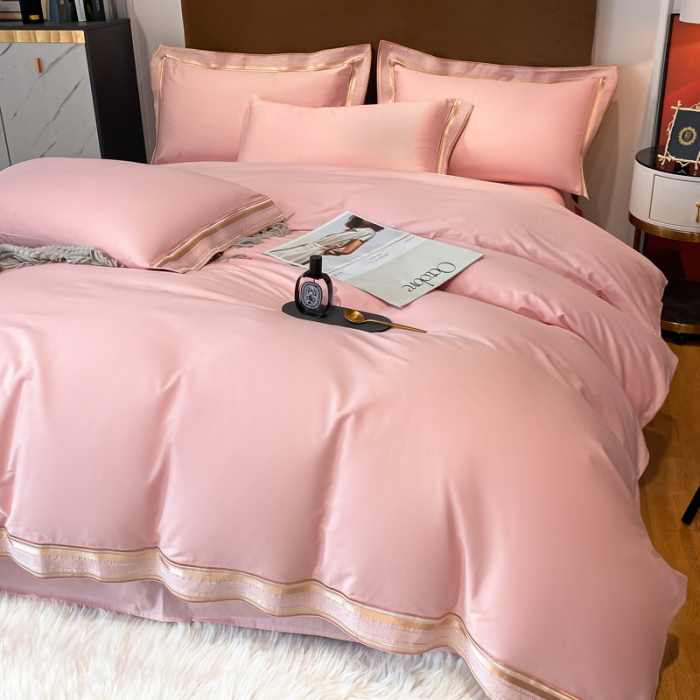 91家纺网 家纺一手货源 找家纺 安妮家居 2021新款全棉轻奢刺绣简约风四件套-米兰 柔蜜粉