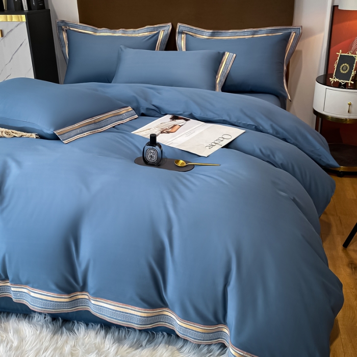 91家纺网 家纺一手货源 找家纺 安妮家居 2021新款全棉轻奢刺绣简约风四件套-米兰 月光蓝