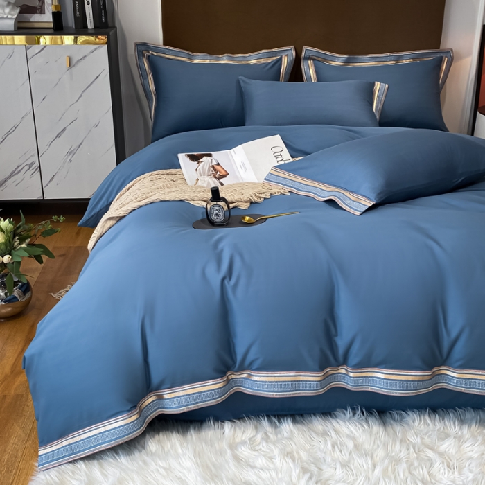 91家纺网 家纺一手货源 找家纺 安妮家居 2021新款全棉轻奢刺绣简约风四件套-米兰 月光蓝