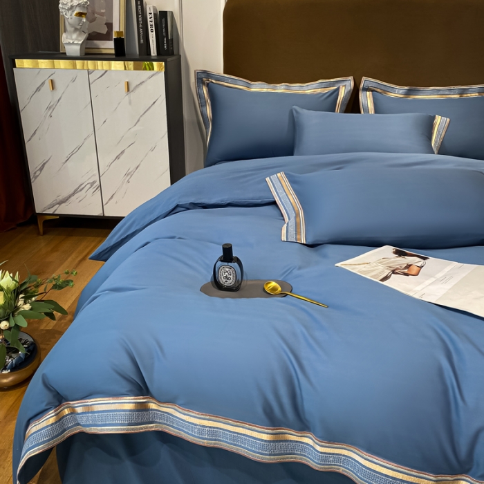 91家纺网 家纺一手货源 找家纺 安妮家居 2021新款全棉轻奢刺绣简约风四件套-米兰 月光蓝