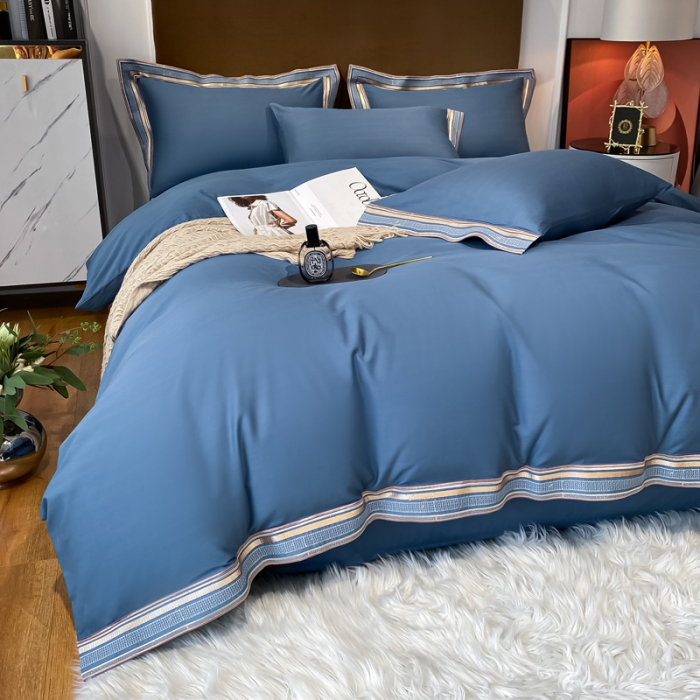 91家纺网 家纺一手货源 找家纺 安妮家居 2021新款全棉轻奢刺绣简约风四件套-米兰 月光蓝