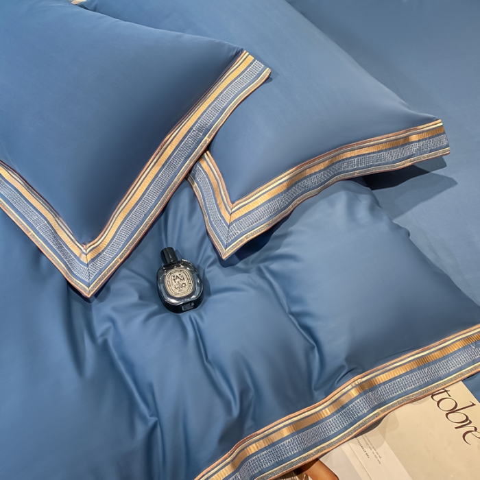 91家纺网 家纺一手货源 找家纺 安妮家居 2021新款全棉轻奢刺绣简约风四件套-米兰 月光蓝