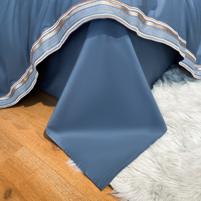 91家纺网 家纺一手货源 找家纺 安妮家居 2021新款全棉轻奢刺绣简约风四件套-米兰 月光蓝