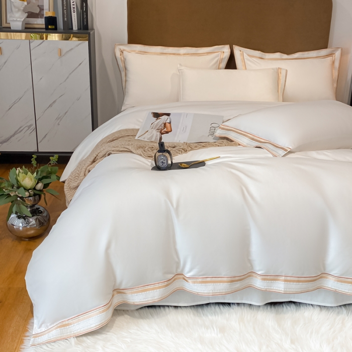 91家纺网 家纺一手货源 找家纺 安妮家居 2021新款全棉轻奢刺绣简约风四件套-米兰 珍珠白