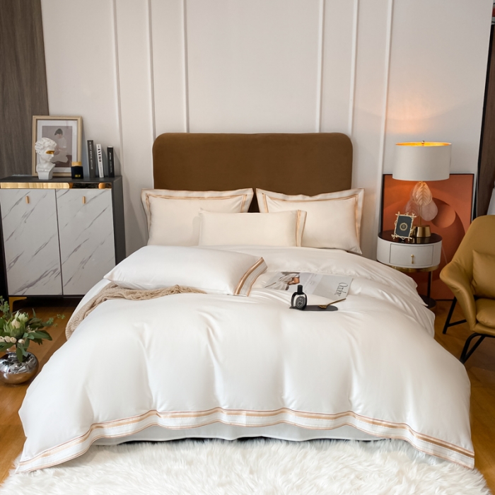 91家纺网 家纺一手货源 找家纺 安妮家居 2021新款全棉轻奢刺绣简约风四件套-米兰 珍珠白