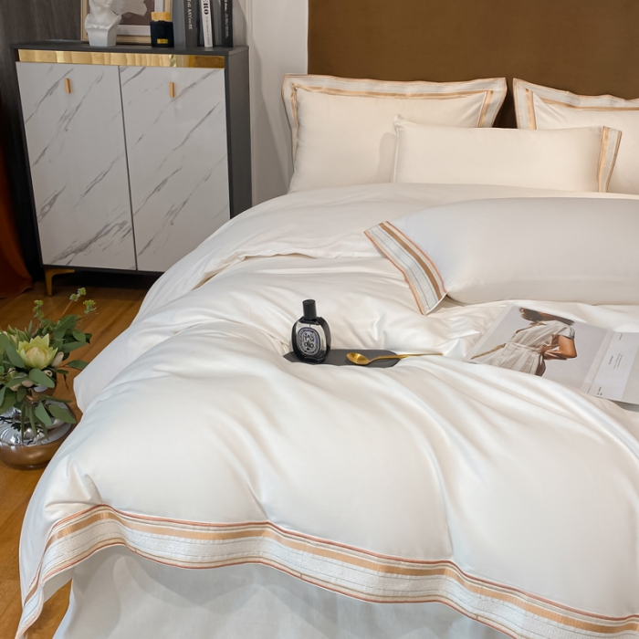 91家纺网 家纺一手货源 找家纺 安妮家居 2021新款全棉轻奢刺绣简约风四件套-米兰 珍珠白