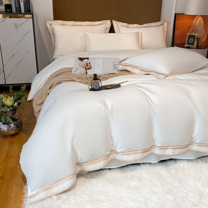 91家纺网 家纺一手货源 找家纺 安妮家居 2021新款全棉轻奢刺绣简约风四件套-米兰 珍珠白