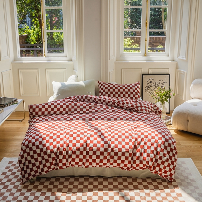 91家纺网 家纺一手货源 找家纺 洋铭区 2021冬季新品棋盘格牛奶绒四件套 初恋红格