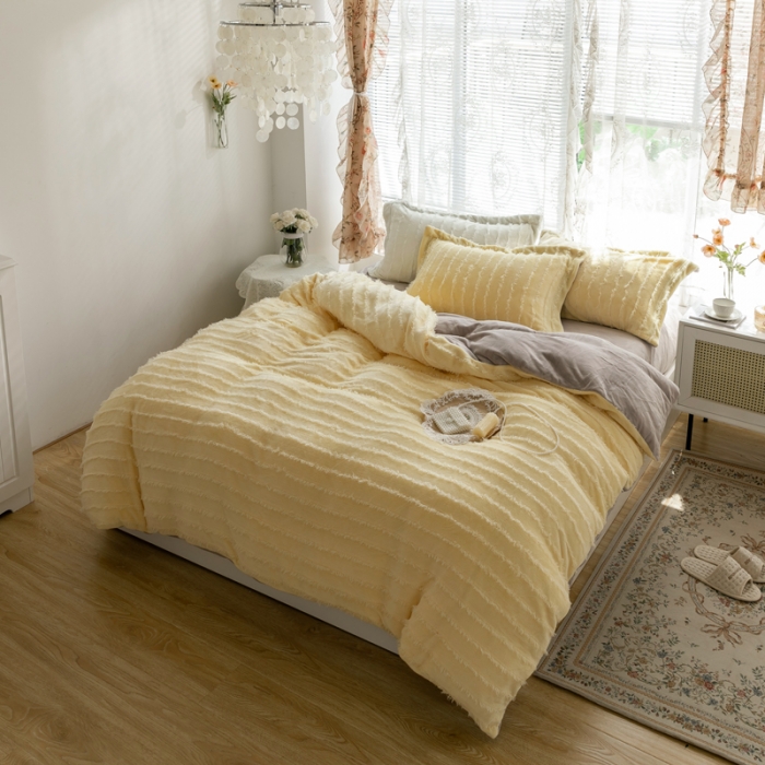 91家纺网 家纺一手货源 找家纺 风向标2022新款韩系网红款牛奶绒流苏拼色四件套 宫玥-黄