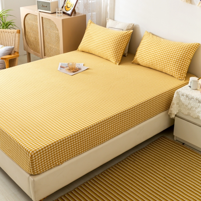 91家纺网 家纺一手货源 找家纺 ab家纺 2021新款全棉水洗棉单品床笠 黄小格