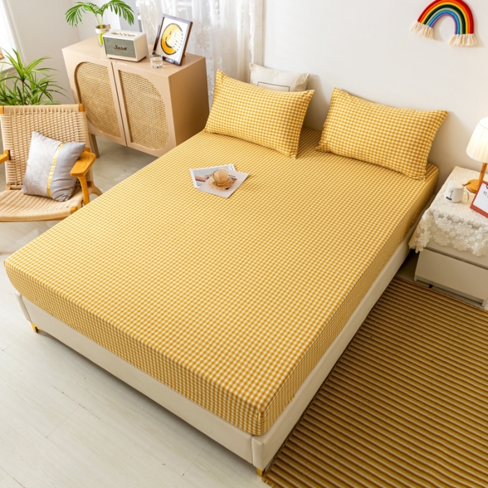 91家纺网 家纺一手货源 找家纺 ab家纺 2021新款全棉水洗棉单品床笠 黄小格