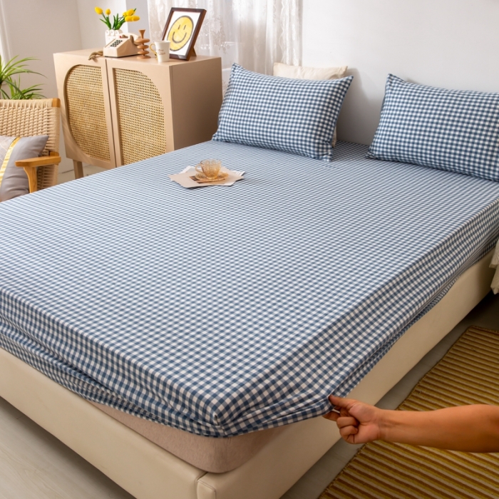 91家纺网 家纺一手货源 找家纺 ab家纺 2021新款全棉水洗棉单品床笠 蓝小格