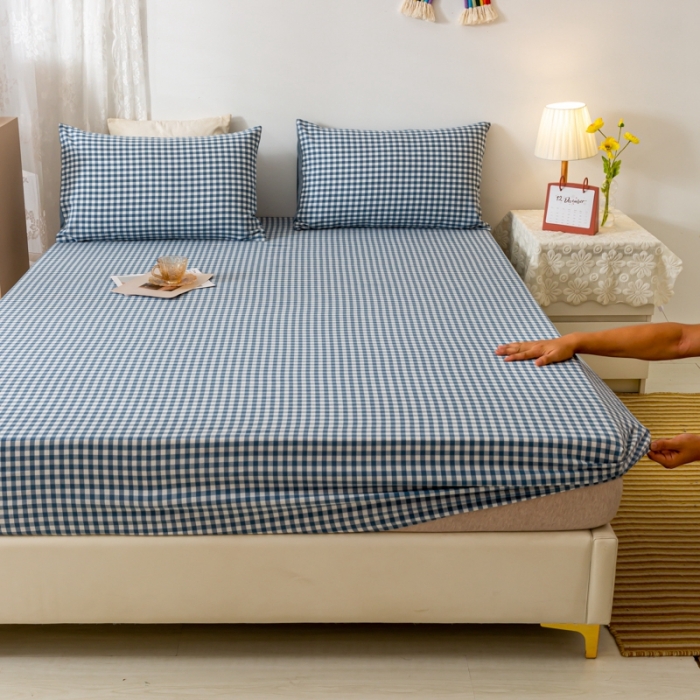 91家纺网 家纺一手货源 找家纺 ab家纺 2021新款全棉水洗棉单品床笠 蓝小格