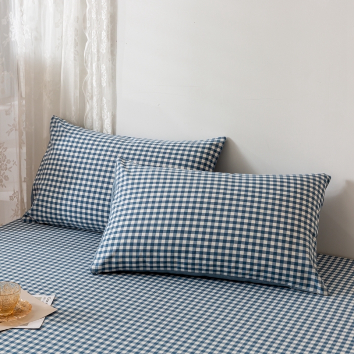 91家纺网 家纺一手货源 找家纺 ab家纺 2021新款全棉水洗棉单品床笠 蓝小格