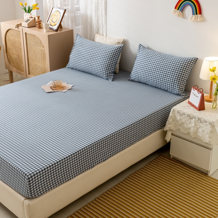 91家纺网 家纺一手货源 找家纺 ab家纺 2021新款全棉水洗棉单品床笠 蓝小格