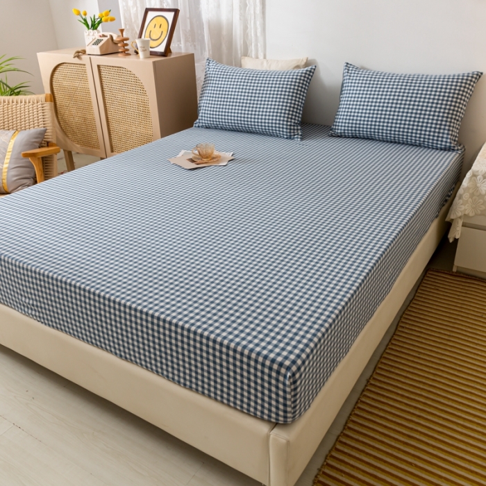 91家纺网 家纺一手货源 找家纺 ab家纺 2021新款全棉水洗棉单品床笠 蓝小格