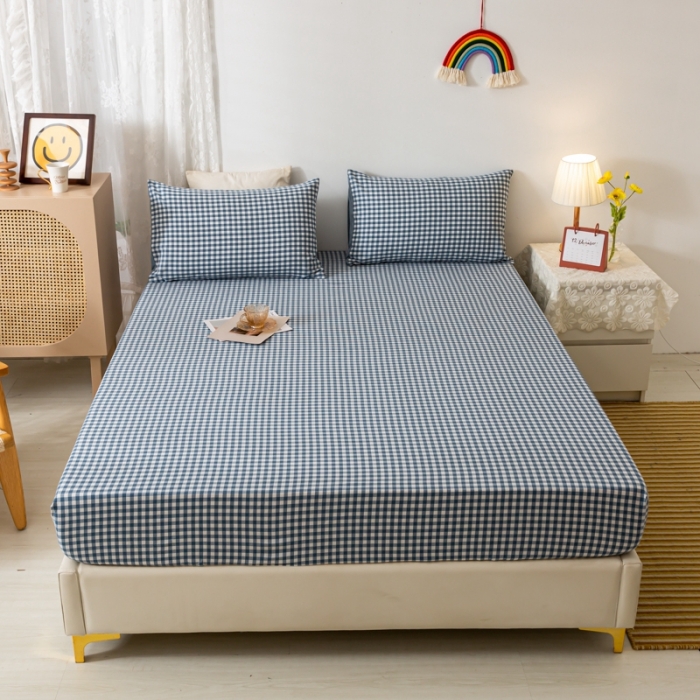 91家纺网 家纺一手货源 找家纺 ab家纺 2021新款全棉水洗棉单品床笠 蓝小格