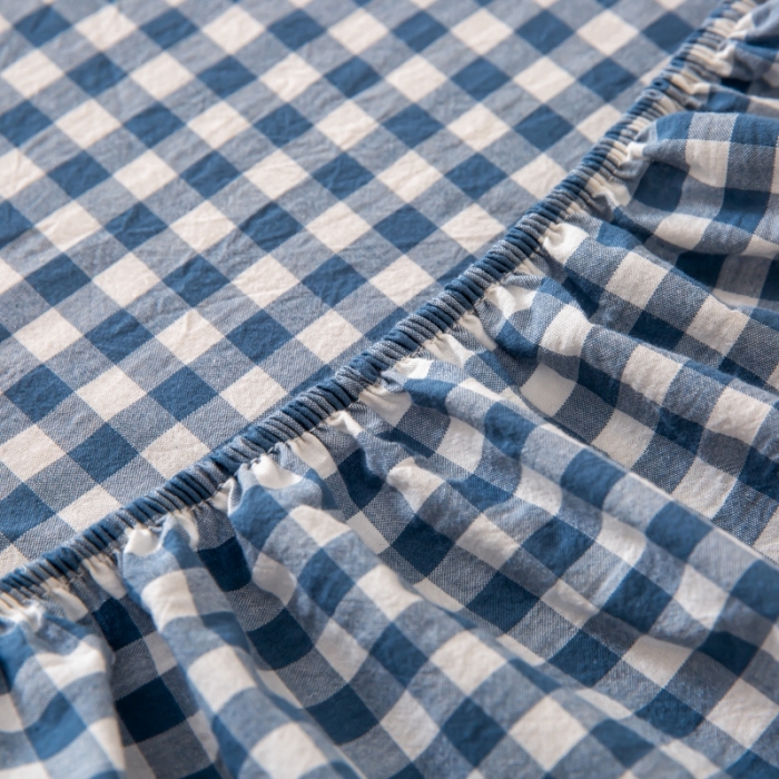 91家纺网 家纺一手货源 找家纺 ab家纺 2021新款全棉水洗棉单品床笠 蓝小格