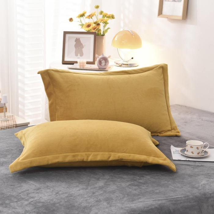 91家纺网 家纺一手货源 找家纺 优彩 2021新款高克重纯色混搭牛奶绒四件套 芥末黄