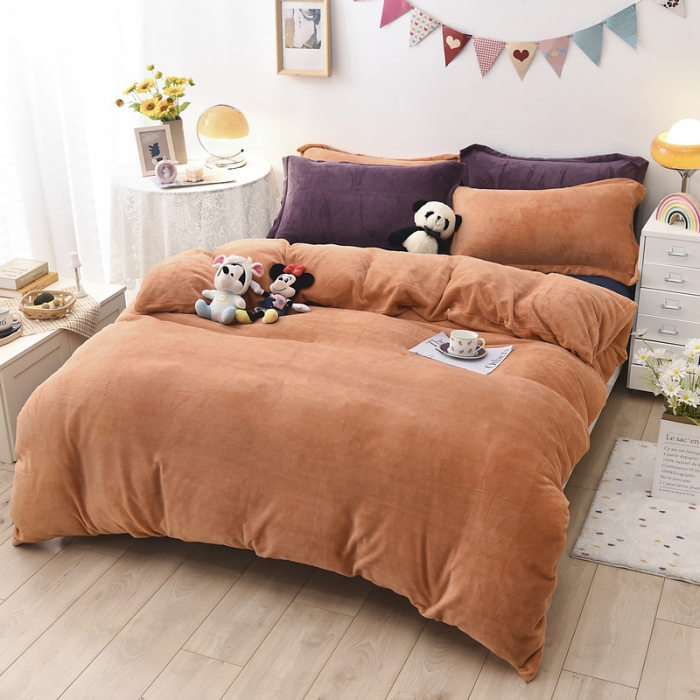 91家纺网 家纺一手货源 找家纺 优彩 2021新款高克重纯色混搭牛奶绒四件套 蜜橙