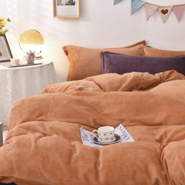 91家纺网 家纺一手货源 找家纺 优彩 2021新款高克重纯色混搭牛奶绒四件套 蜜橙