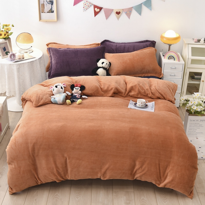 91家纺网 家纺一手货源 找家纺 优彩 2021新款高克重纯色混搭牛奶绒四件套 蜜橙