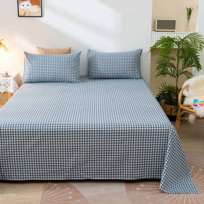 91家纺网 家纺一手货源 找家纺 ab家纺 2021新款全棉水洗棉单品床单 蓝小格