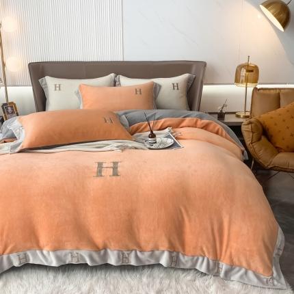 米莱家纺 2021新款高克重牛奶绒宽边刺绣四件套 奶油橙