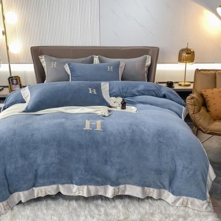 米莱家纺 2021新款高克重牛奶绒宽边刺绣四件套 希腊蓝