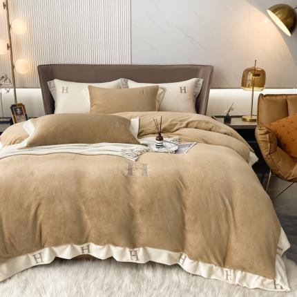 米莱家纺 2021新款高克重牛奶绒宽边刺绣四件套 奶茶咖