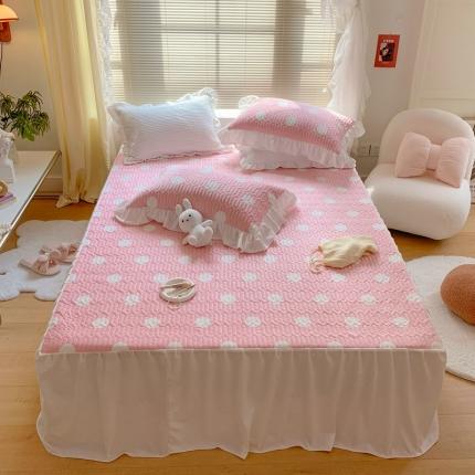 席之梦 2021ins牛奶般丝滑韩版牛奶绒床裙床盖三件套 粉波点