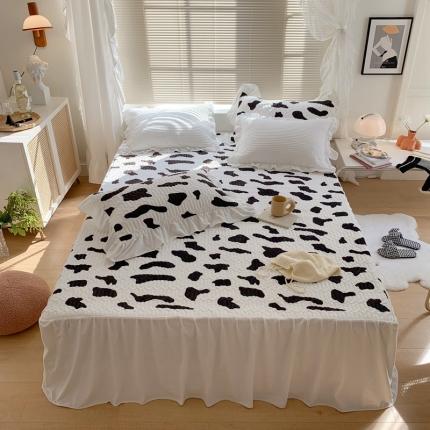 席之梦 2021ins牛奶般丝滑韩版牛奶绒床裙床盖三件套 奶牛纹