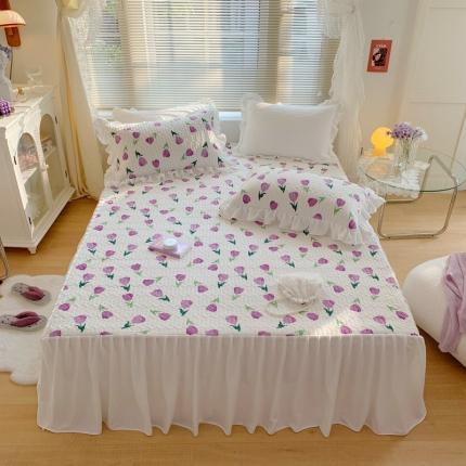 席之梦 2021ins牛奶般丝滑韩版牛奶绒床裙床盖三件套 紫色郁金香