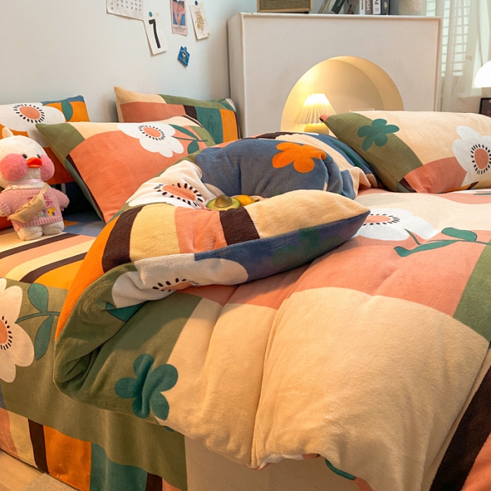 91家纺网 家纺一手货源 找家纺 金爱家 2021新款跑量款牛奶绒四件套 多彩向阳花