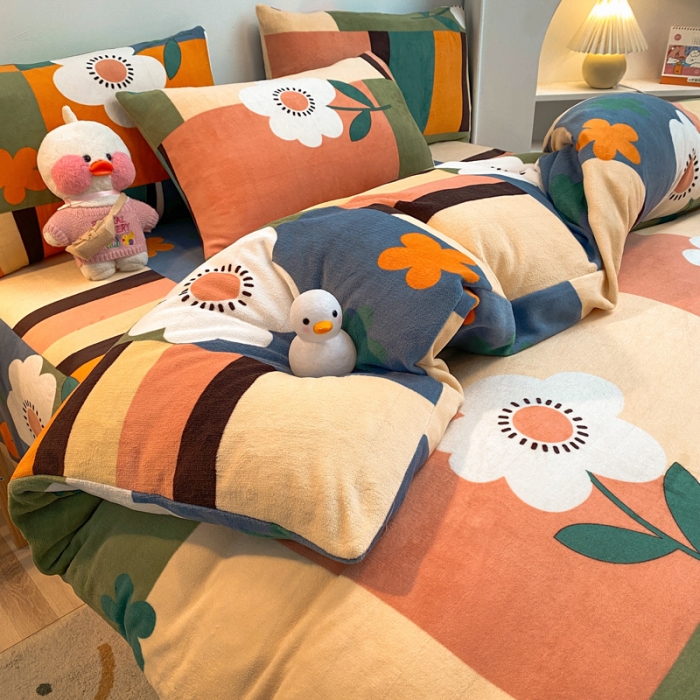 91家纺网 家纺一手货源 找家纺 金爱家 2021新款跑量款牛奶绒四件套 多彩向阳花