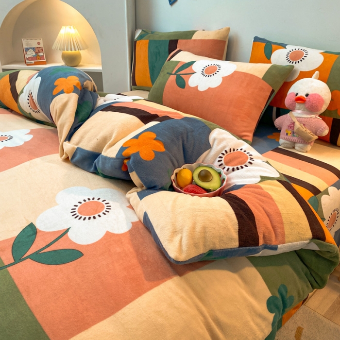 91家纺网 家纺一手货源 找家纺 金爱家 2021新款跑量款牛奶绒四件套 多彩向阳花