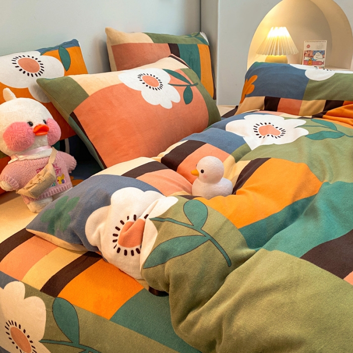 91家纺网 家纺一手货源 找家纺 金爱家 2021新款跑量款牛奶绒四件套 多彩向阳花