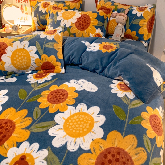 91家纺网 家纺一手货源 找家纺 金爱家 2021新款跑量款牛奶绒四件套 太阳花-蓝