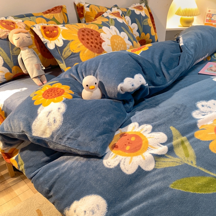 91家纺网 家纺一手货源 找家纺 金爱家 2021新款跑量款牛奶绒四件套 太阳花-蓝