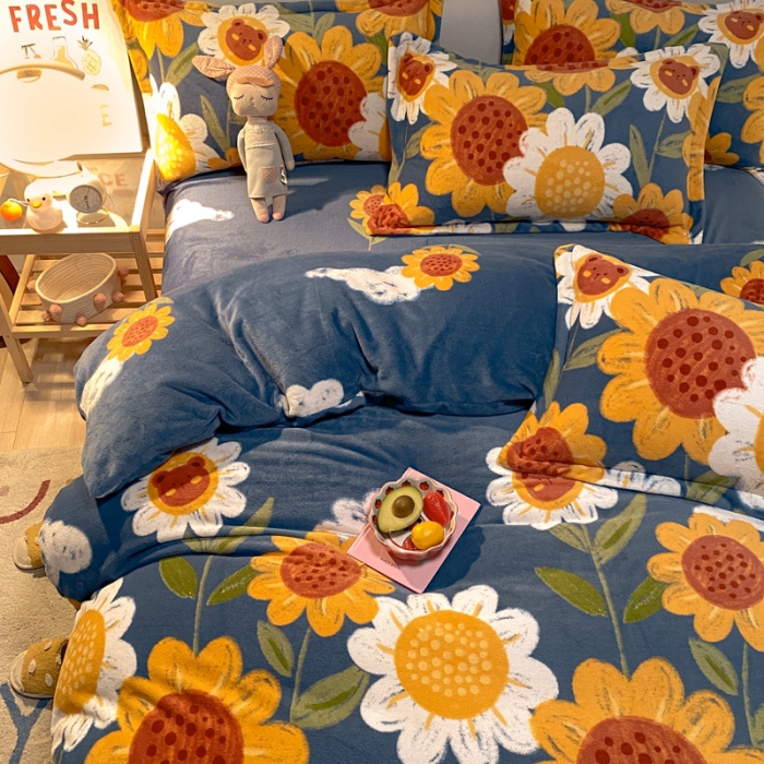 91家纺网 家纺一手货源 找家纺 金爱家 2021新款跑量款牛奶绒四件套 太阳花-蓝