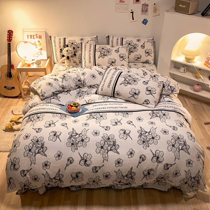 91家纺网 家纺一手货源 找家纺 金爱家 2021新款跑量款牛奶绒四件套 山茶花-黑