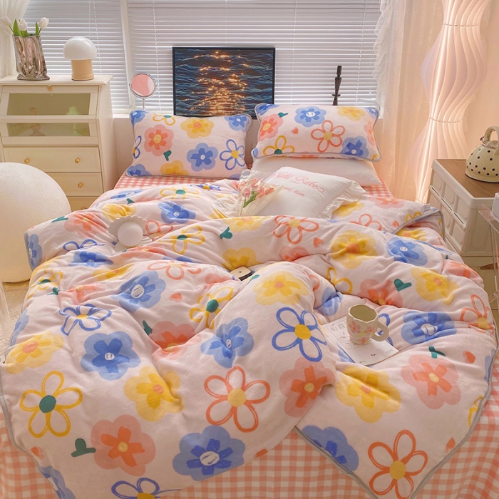 91家纺网 家纺一手货源 找家纺 顾里2021新款ins韩国高端保暖牛奶绒四件套 粉油画花花