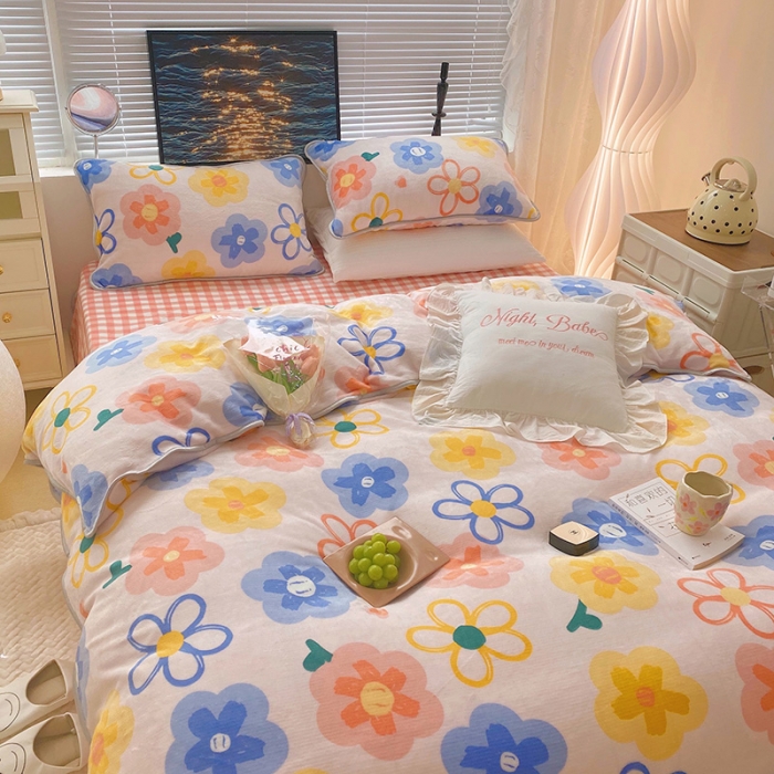 91家纺网 家纺一手货源 找家纺 顾里2021新款ins韩国高端保暖牛奶绒四件套 粉油画花花