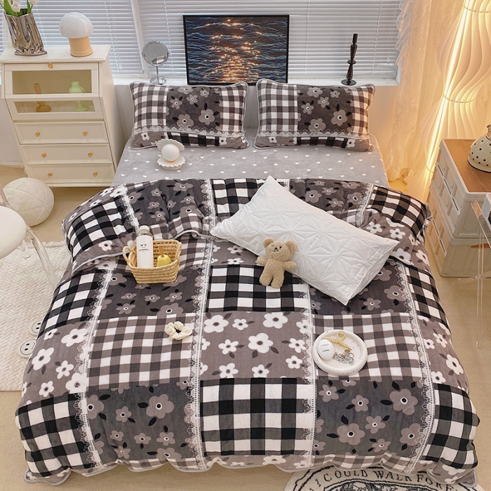 91家纺网 家纺一手货源 找家纺 顾里2021新款ins韩国高端保暖牛奶绒四件套 格子碎花